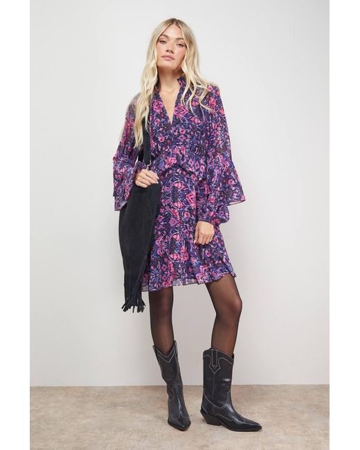 Oasis Purple Printed Fluted Sleeve Ruffle Detail Mini Dress