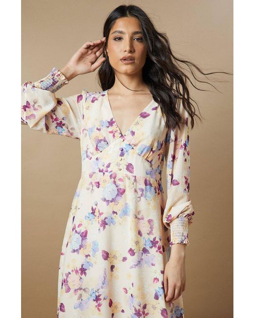 Oasis Brown Floral Button Long Sleeve Midi Dress