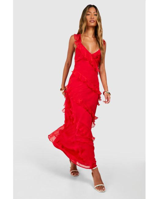 Boohoo Red Chiffon Ruffle Strappy Maxi Dress