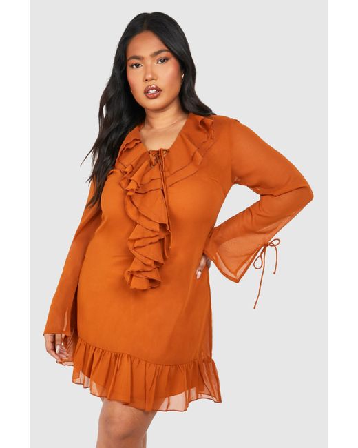 Plus Woven Ruffle Detail Long Sleeve Shift Dress Boohoo de color Orange