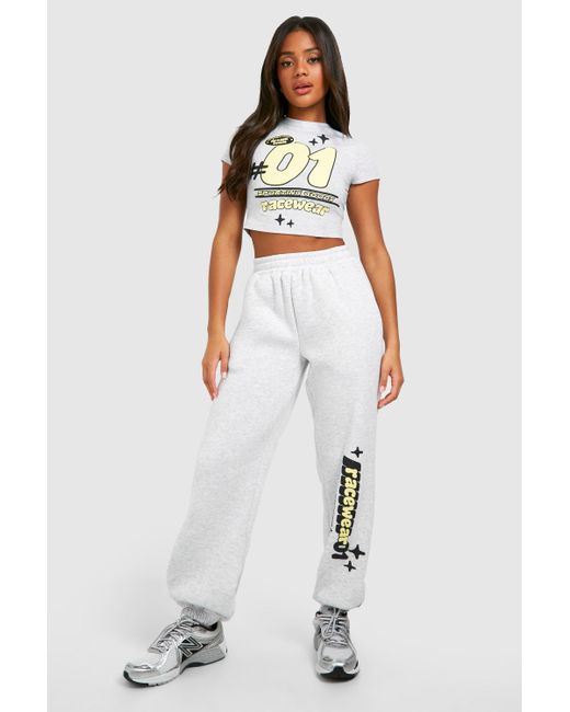 Boohoo White Motorsport Puff Print Fitted T-shirt And Straight Leg Jogger Set