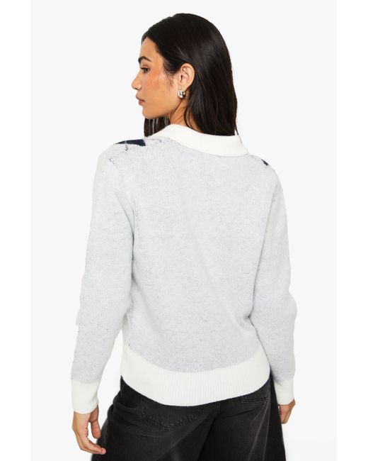Boohoo White Argyle Soft Knit Button Down Jumper