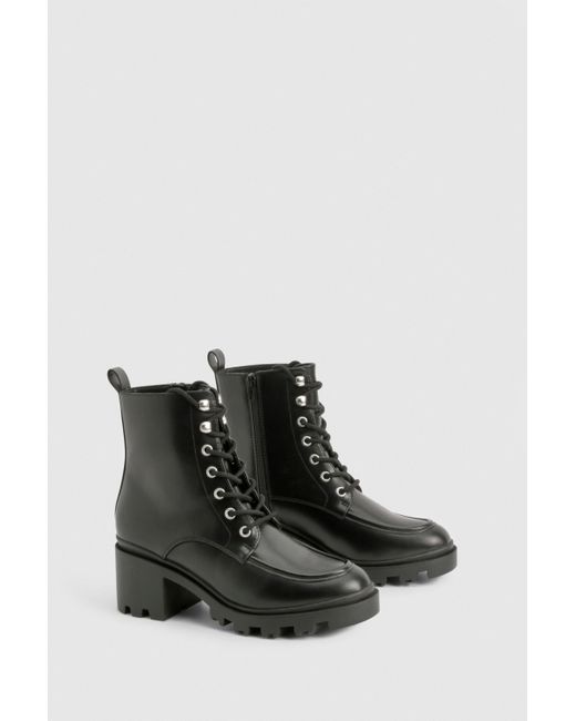 Boohoo Black Lace Up Heel Hiker Boot