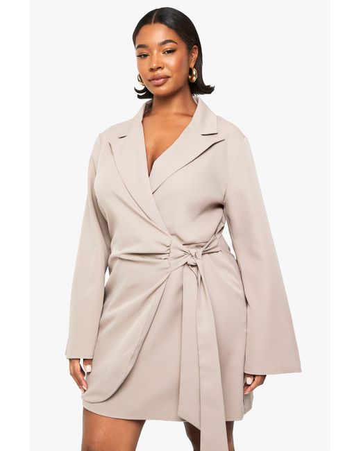Boohoo Natural Plus Tie Waist Tailored Blazer Dress