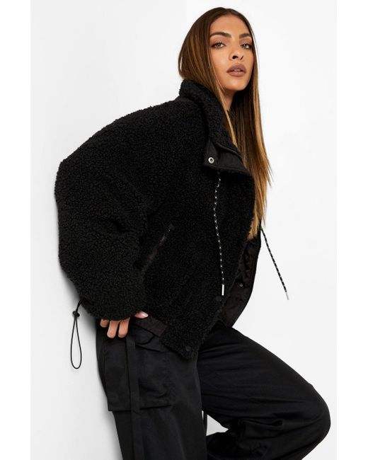Boohoo Faux Fur Funnel Neck Jacket in Black Lyst