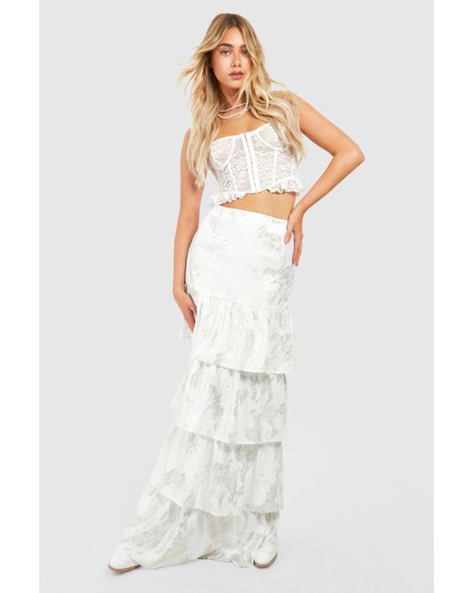 Boohoo White Metallic Printed Tiered Maxi Skirt