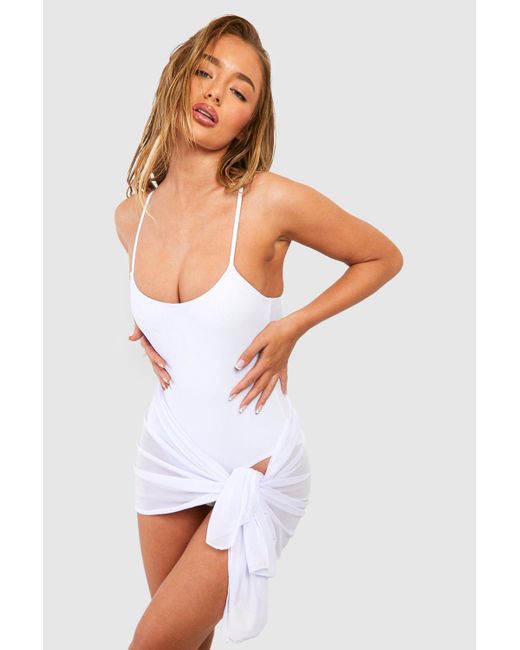 Boohoo White 2 Piece Set Strappy Bathing Suit & Tie Knot Sarong