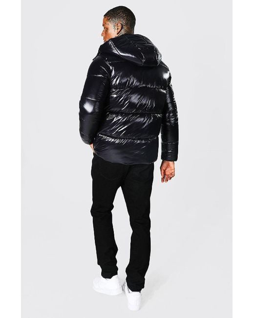 Regular Fit High Shine Puffer Jacket In Black Boohoo