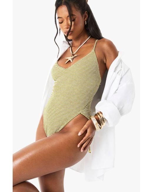 Boohoo Green Textured Stripe Scoop Swimsuit