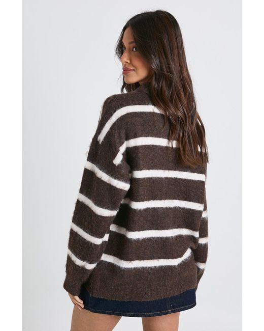 Boohoo Brown Super Soft Stripe Button Down Oversized Collared Sweater