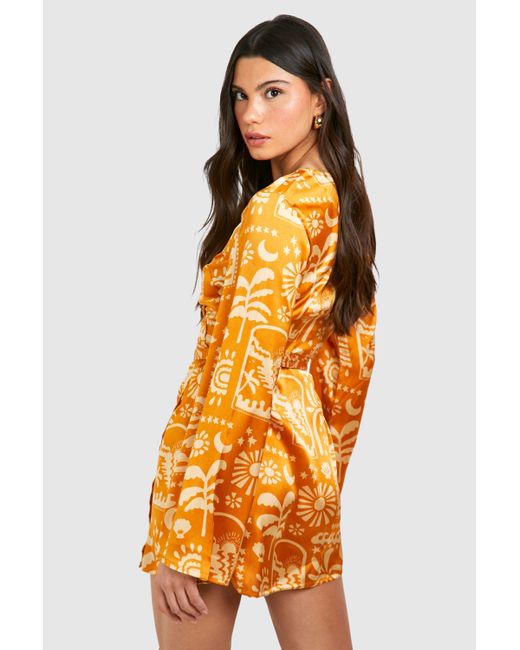 Satin Printed Wrap Tie Shirt Dress Boohoo de color Orange
