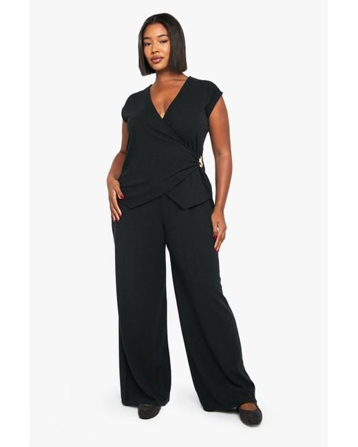 Boohoo Black Plus Cap Sleeve Trim Detail Wrap Top And Wide Leg Trouser