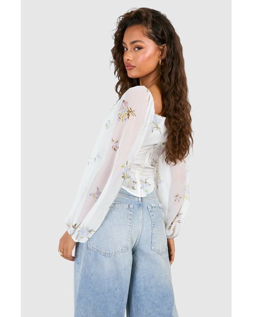 Boohoo White Floral Puff Long Sleeve Crop Top