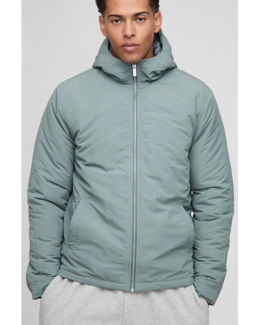 BoohooMAN Green Regular Fit Hooded Crinkle Peached Nylon Jacket for men