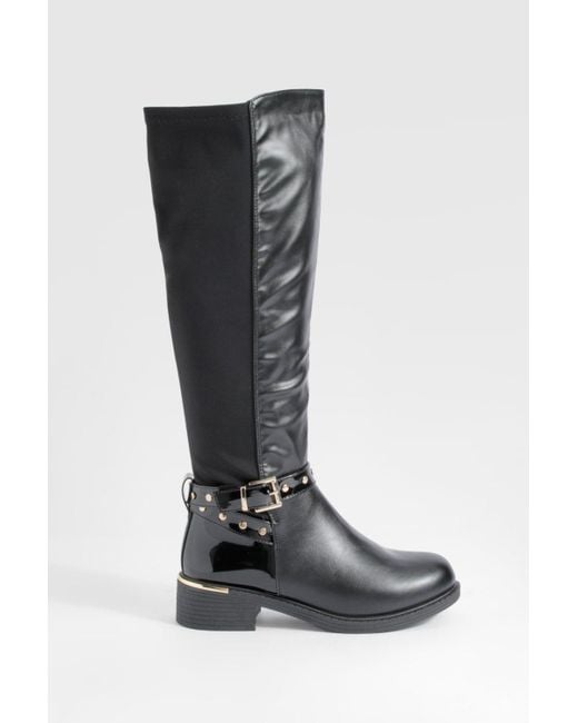Boohoo Black Wide Fit Buckle Detail Panel Knee High Boots