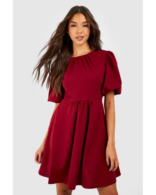 Boohoo Red Puff Sleeve Rouched Skater Dress