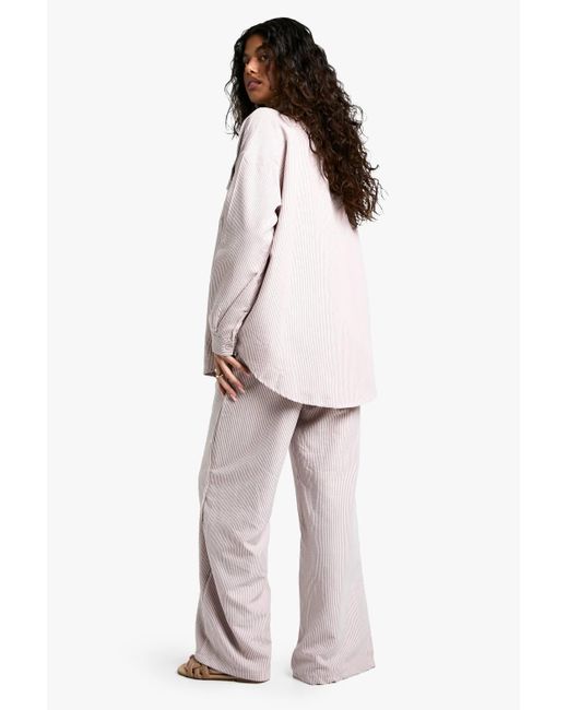 Boohoo White Striped Peached Drawstring Waist Wide Leg Trouser