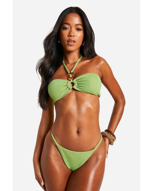 Boohoo Green Textured Halterneck O-ring Bikini Set