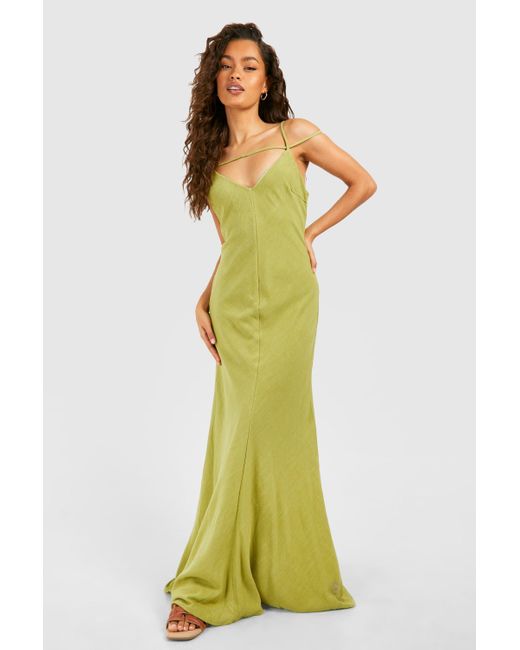 Boohoo Yellow Linen Strappy Plunge Maxi Slip Dress