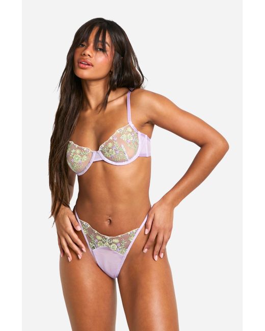 Boohoo Purple Lilac Floral Detail Thong And Balcony Bra Set