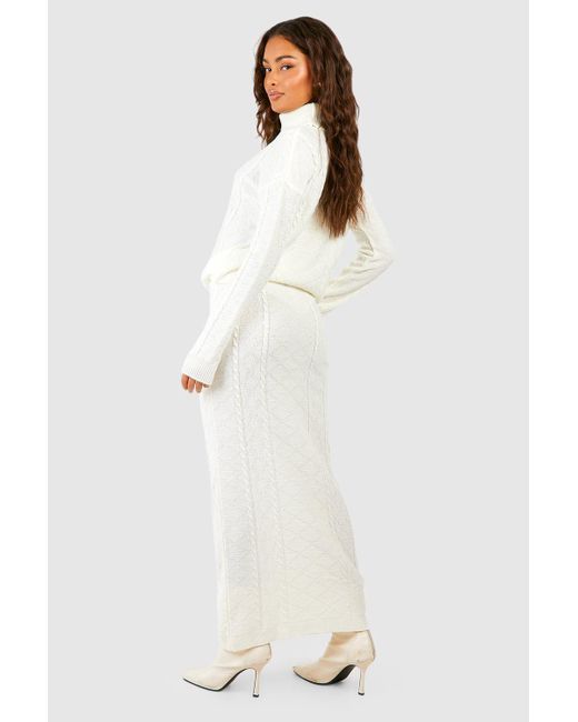 Boohoo White Cable Turtleneck Sweater And Maxi Skirt Knitted Two-piece