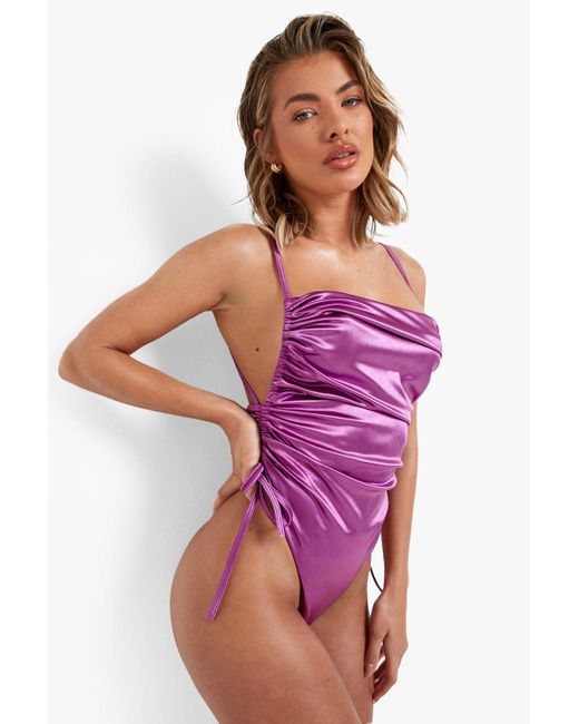 Boohoo Ruched Satin Backless Bathing Suit in Purple Lyst