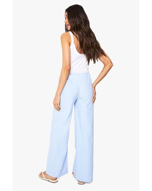 Boohoo Blue Stripe Drawstring Waist Wide Leg Trousers