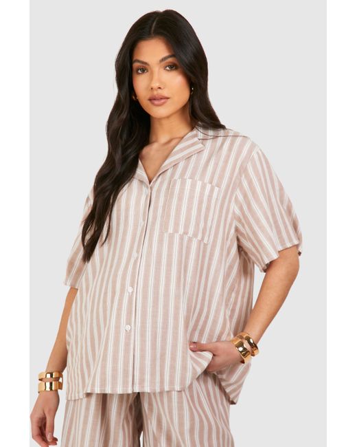 Maternity Linen Stripe Short Sleeve Shirt Boohoo de color Natural