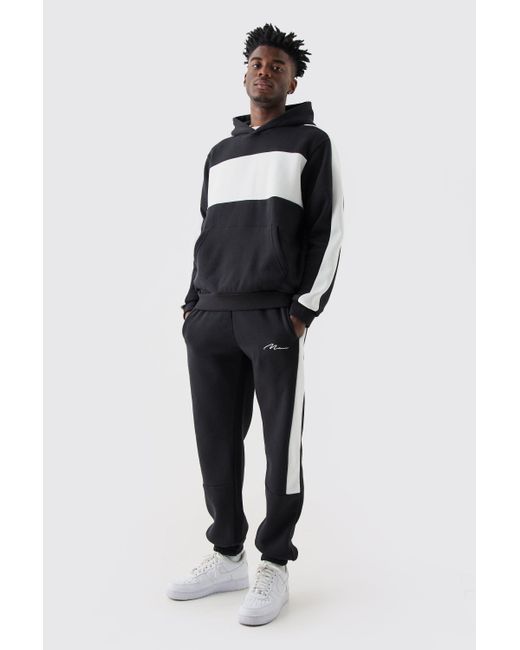 BoohooMAN Black Colour Block Tape Hooded Tracksuit for men