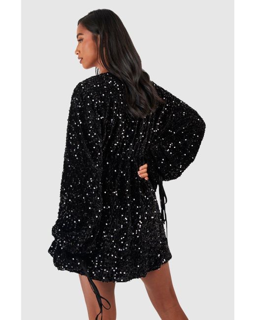 Boohoo Black Petite Velvet Sequin Volume Sleeve Skater Dress