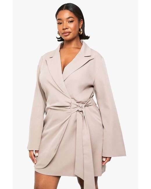Boohoo Women's Natural Plus Tie Waist Tailored Blazer Dress