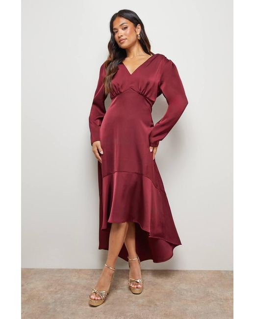 Oasis Red Petite Satin Puff Sleeve V Neck High Low Hem Midi Dress