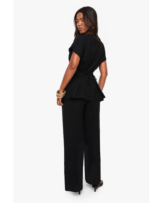 Boohoo Black Linen Look Button Detail Top And Wide Leg Trouser Co-Ord