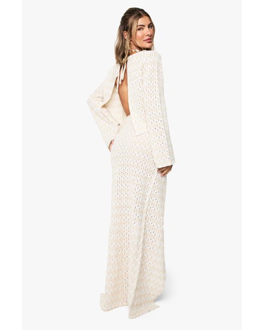 Falda Maxi Para La Playa De Punto En Zigzag Boohoo de color White