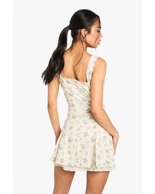 Boohoo White Ditsy Floral Square Neck Pleated Hem Mini Dress