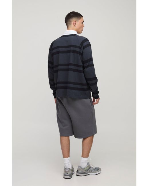 BoohooMAN Blue Oversized Worldwide Stripe Long Sleeve Interlock Polo for men