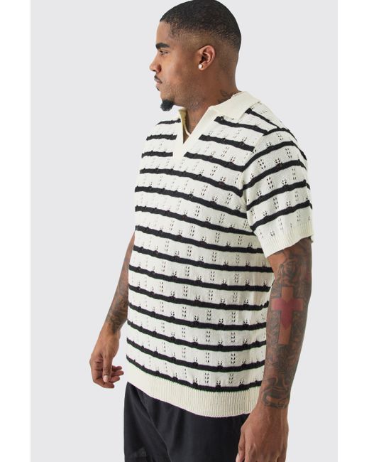 BoohooMAN White Plus Short Sleeve Regular Crochet Knit Stripe Polo In Ecru for men