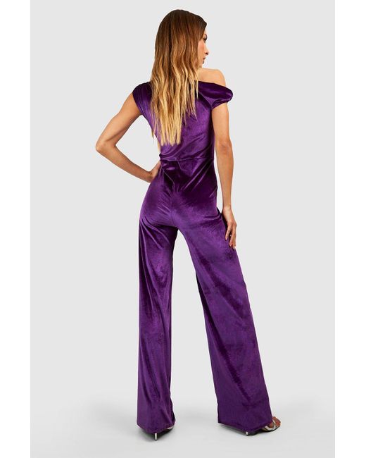 Boohoo Purple Velvet Drape Off Shoulder Wide Leg Jumpsuit