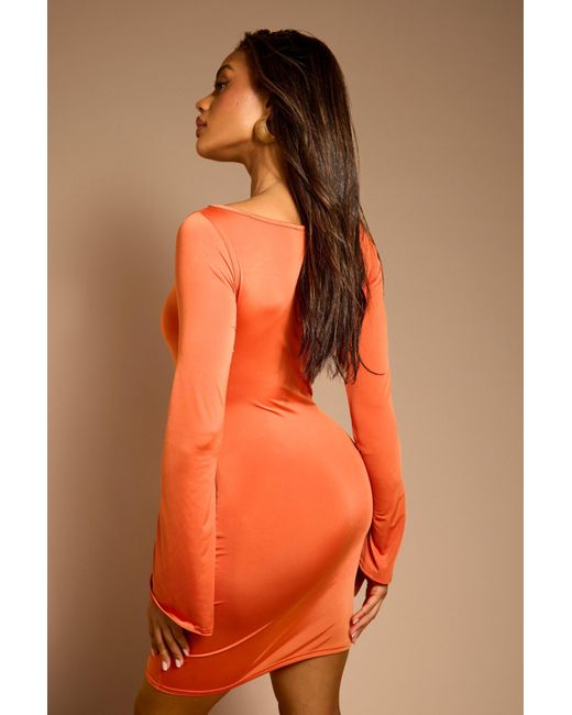 Boohoo Orange Flared Long Sleeve Mini Dress