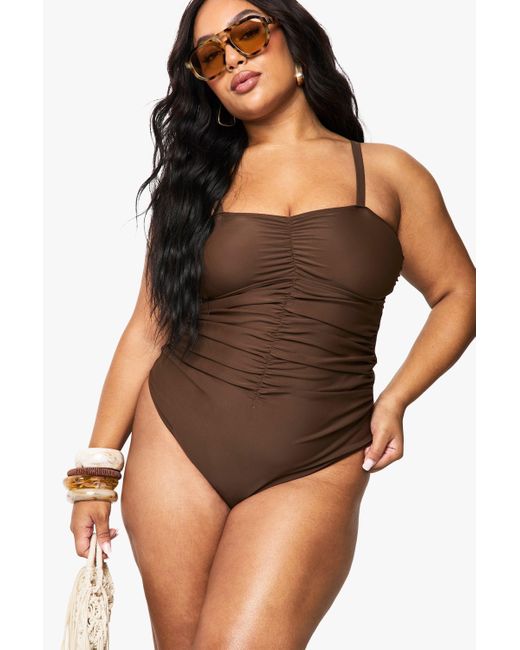 Boohoo Brown Plus Tummy Control Ruched Front Bathing Suit