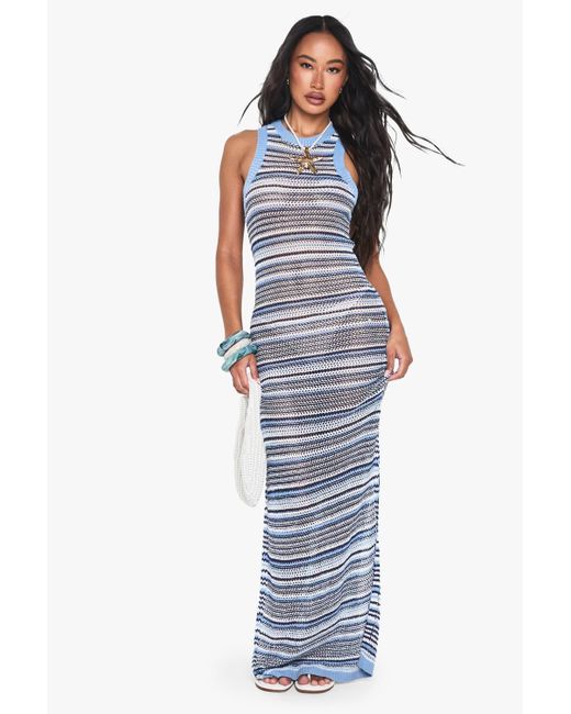 Boohoo Stripe Crochet Beach Maxi Dress in Blue | Lyst