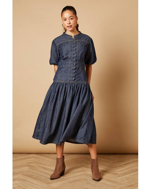 Oasis Green Drop Waist Button Up Denim Midi Dress