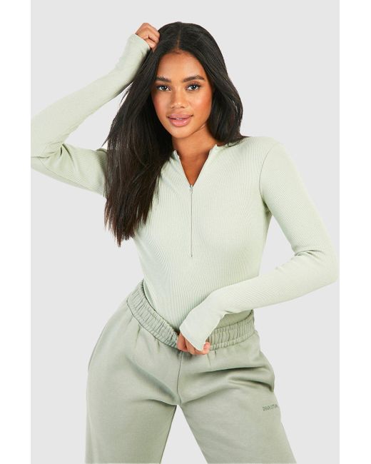 Boohoo Green Ribbed Zip One Piece And Jogger Set