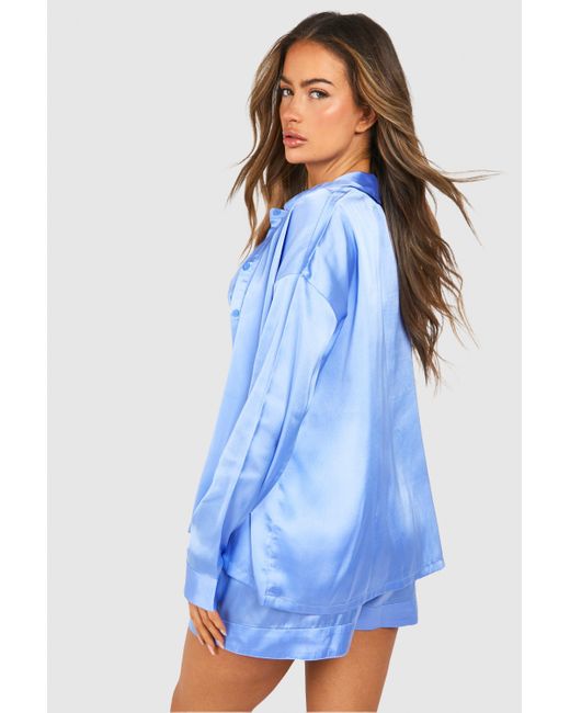 Boohoo Blue Satin 3 Piece Short Pyjama Set