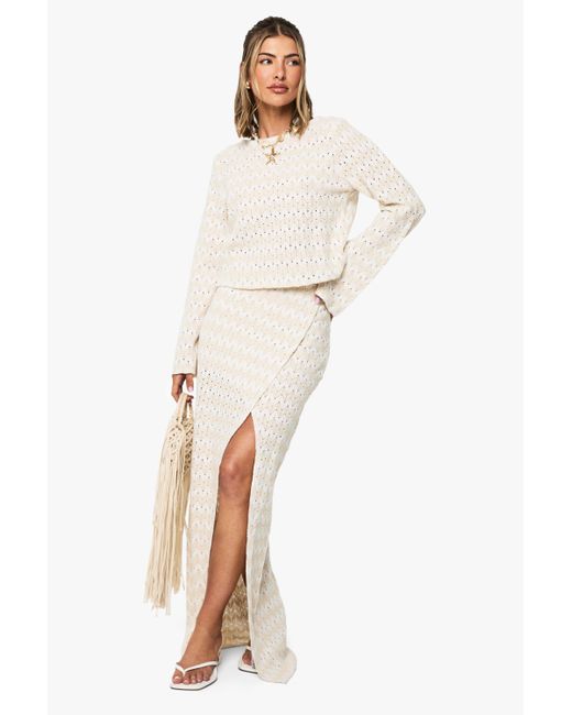 Falda Maxi Para La Playa De Punto En Zigzag Boohoo de color White