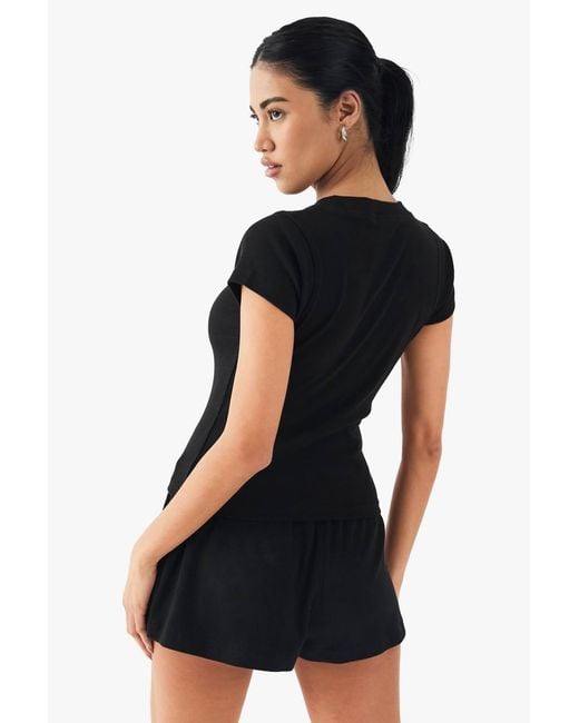 DSGN Studio Black Square Script Embroidered Rib Fitted Top
