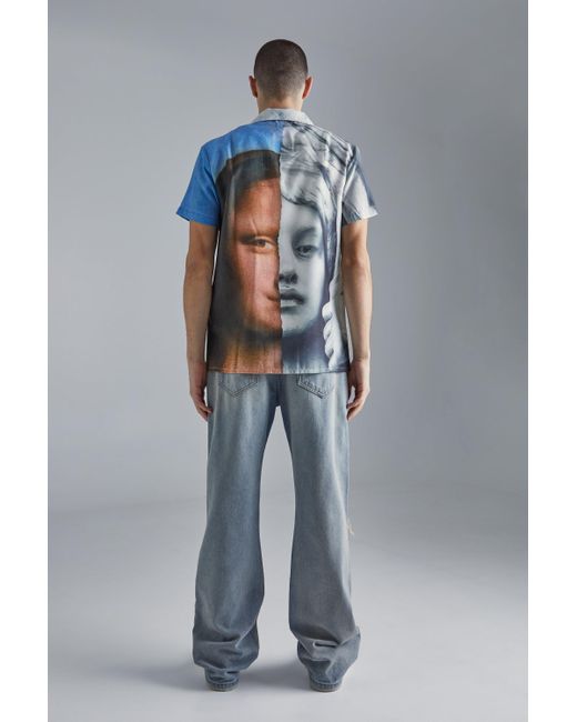 BoohooMAN Blue Short Sleeve Spliced Painting Shirt for men