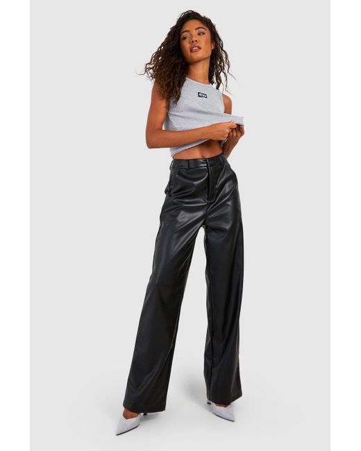 Boohoo Black Tall Leather Look Relaxed Fit Straight Leg Trousers