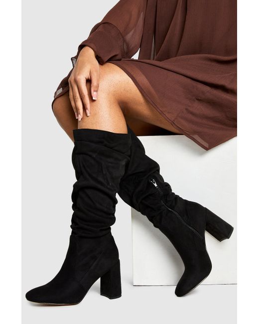 Boohoo Black Slouchy Knee High Block Heel Boots