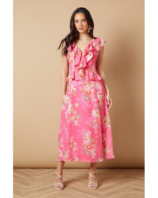 Oasis Women's Pink Floral Ruffle Detail V Neck Midi Dress